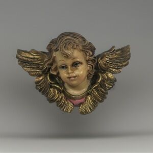 Gold and Pink Cherub Sculpture Wall Art Small Handpainted Italy